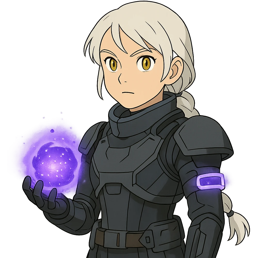 1 female, white hair long braid, gold yellow eyes, no helmet, a novice warlock from Destiny 2 armor, charging a void grenade in her hand, futuristic technology, with a glowing warlock bond, level 1 warlock emoji