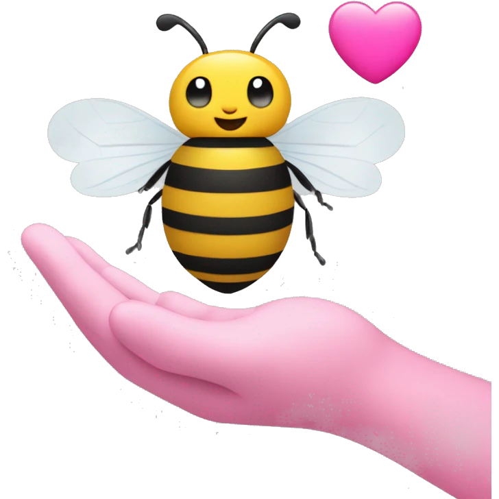 a bee sat on someone’s palm with a pink heart emoji