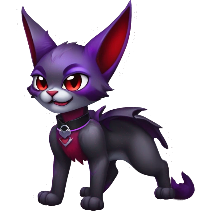 Anthro-Cute-Edgy-Cool-Vampiric-Batty-Cat-Black-Purple-Red-Grey-White-Contrast-Colors-Fantasy-Fur-Sona-Chibi-Shiny-Fakémon-Hybrid with horns and fangs and collar full body emoji