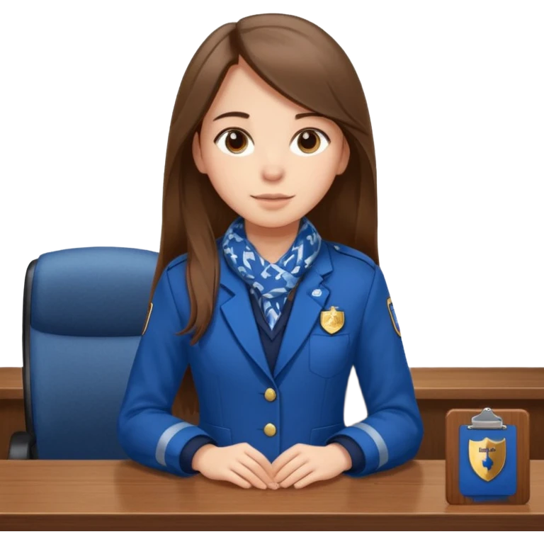 Young girl, long straight hair, wearing uniform jacket with hotel name badge, tasteful scarf, stand behind the desk

 emoji
