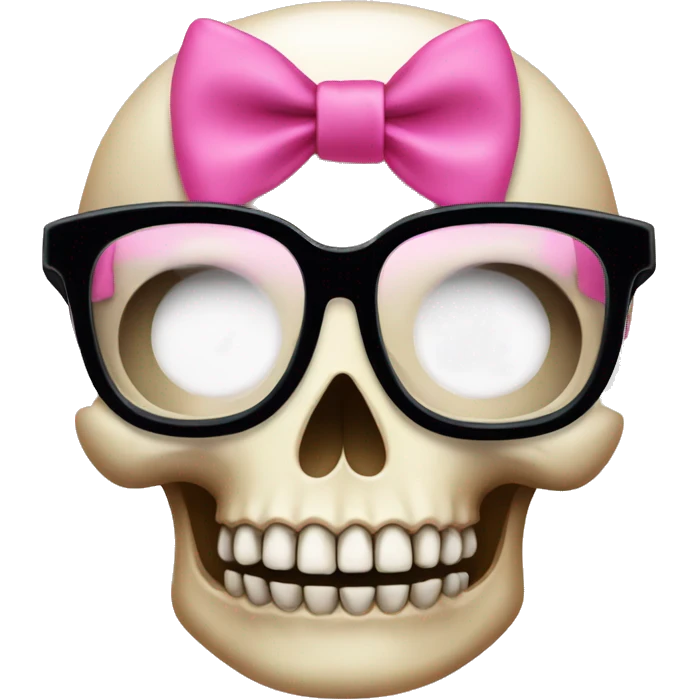 Girly Skull with black glasses and pink bow on top of skull emoji