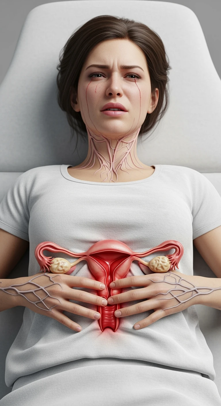 donna con utero umano realistico in evidenza dolorante, espressione di dolore in volto, sfondo bianco, non farla computerizzata, ma iperrealistica 4k emoji