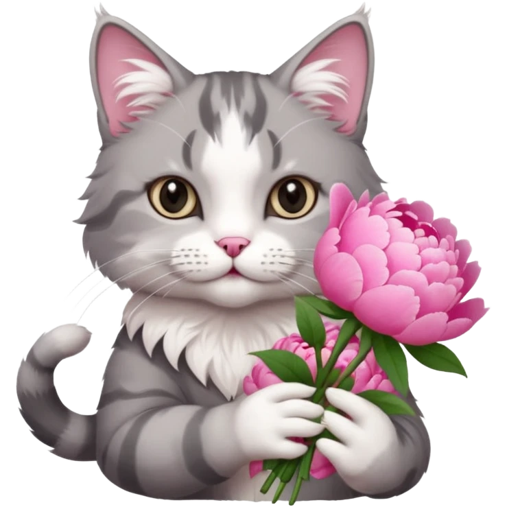 Cute cat Handing pink peonies like reaching a hand and handing them out a bouquet of them not a physical hand the cats hand  make the cat fluffy and grey and white fluffier make the cat wear a pink coquette make her wear a pink coquette make the peonies open and in boquette emoji