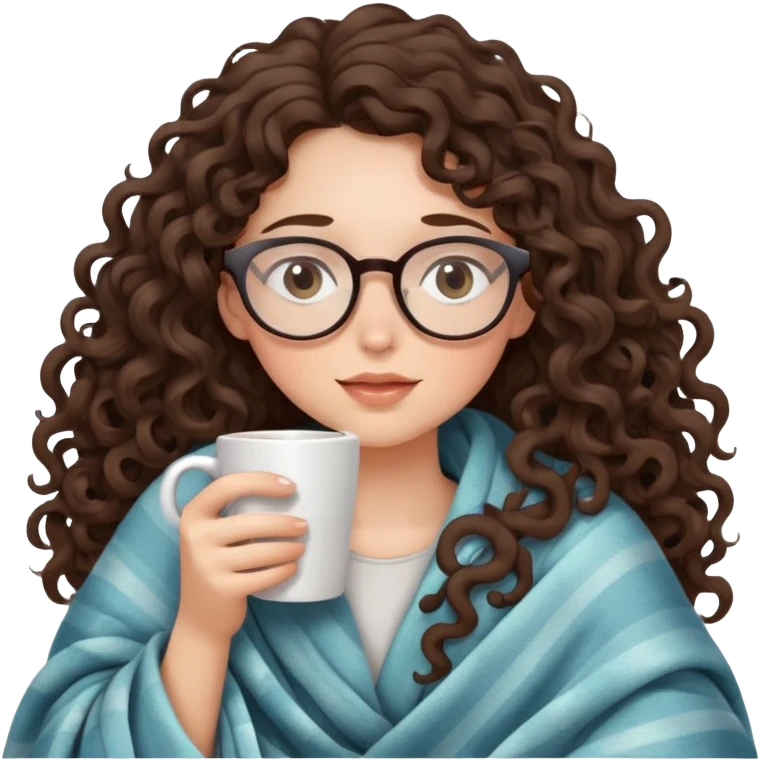 girl brunette Curly long hair and glasses inside a blanket sipping coffee eyes closed emoji