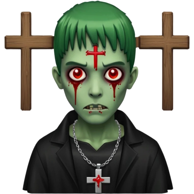 zumbi verde com olhos vermelhos sangrando e franja roupa preta e um crucifixo como colar emoji