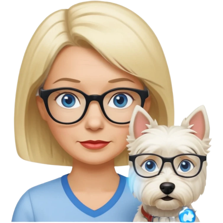 white woman blue eyes glasses middle aged blonde bob funny with westie emoji