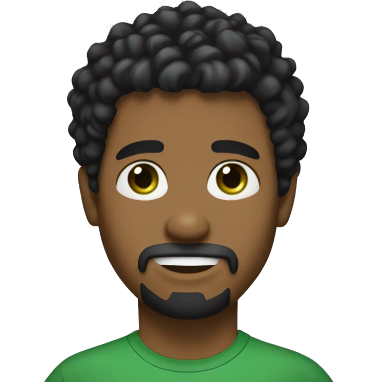Male with curly black medium length hair and bangs. He wears a black t-shirt and has green eyes. he has a little goatee emoji