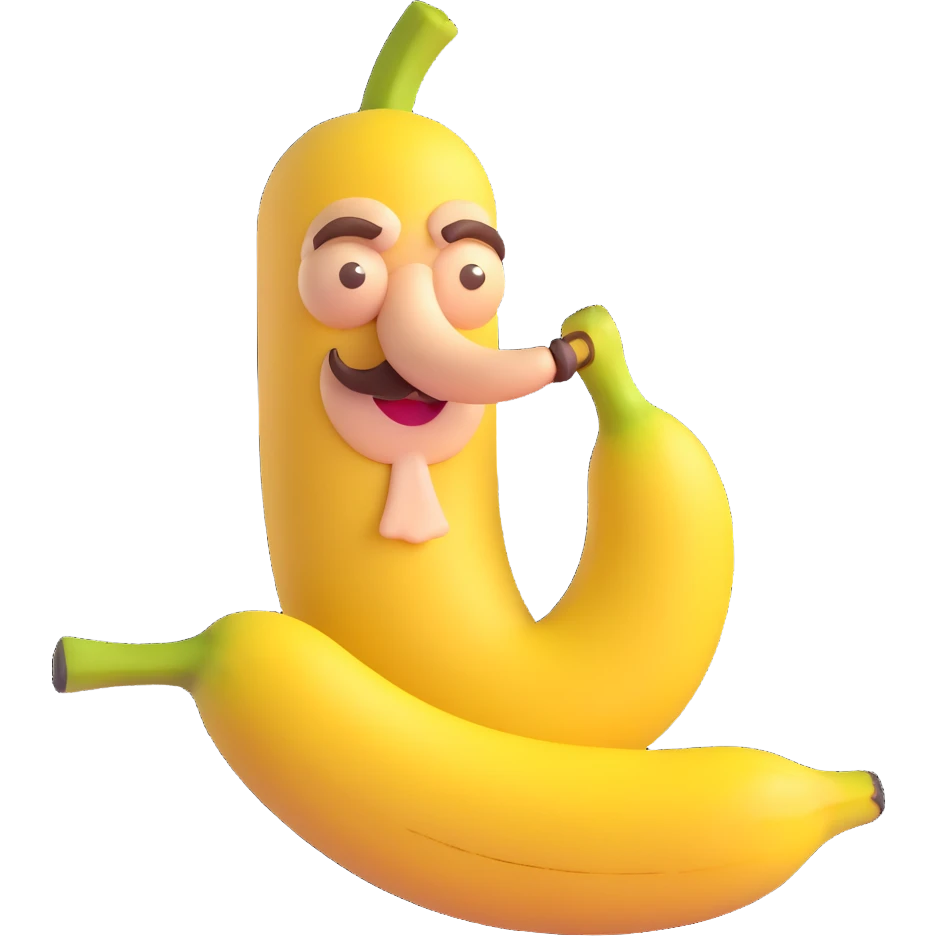 banana with cane, very old, curled mustache, age spots on peel, soft smile, 3D style, minimal background emoji