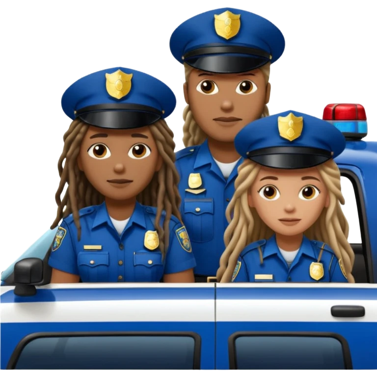African American male police officer with long dreadlocks with Caucasian woman police officer both sitting in New York police car emoji