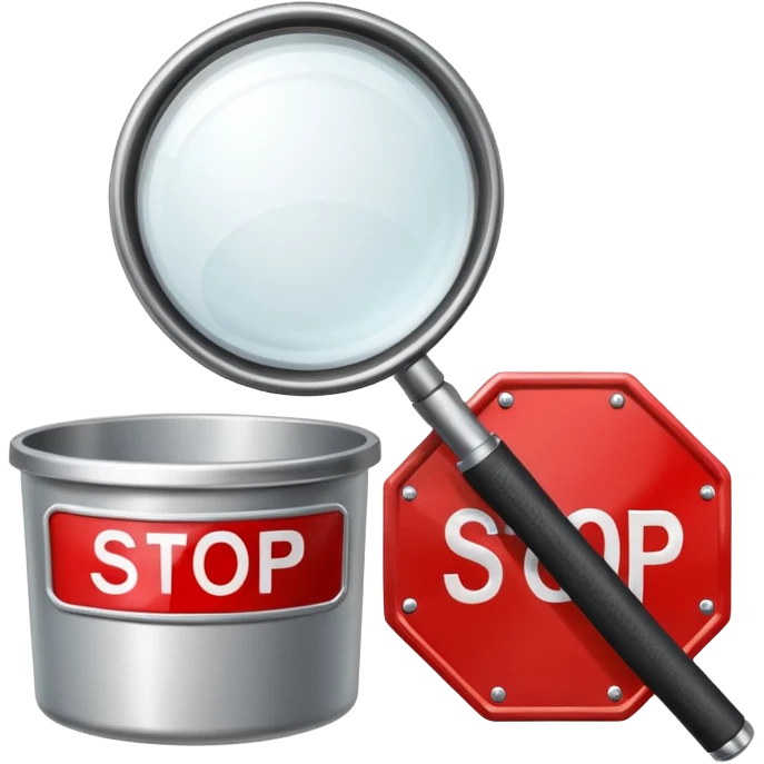 magnifying glass over a container, stop sign nearby, customs check emoji