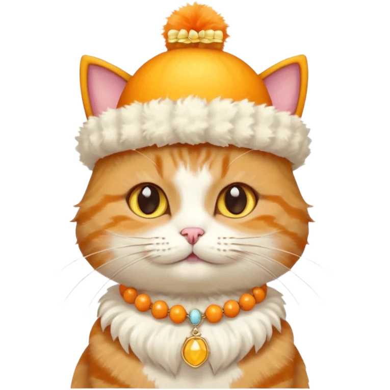 cat wearing a creamy cake hat with fun necklace around his neck and a yellow bow in the middle emoji