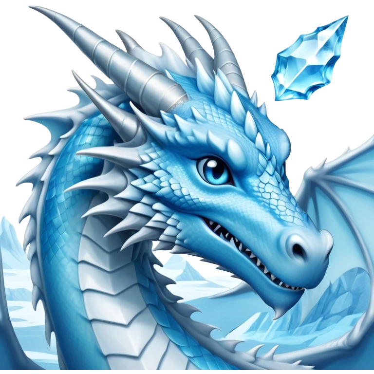 Cinematic Noble wise elegant Ice Dragon Portrait Emoji, Poised and imposing, distinct long elegant snout, with a slender, scaled body shimmering in glacial hues of icy blue, frostbitten silver, and crystalline white, breathing out frost, with piercing, glowing ice blue white eyes that radiate the chilling depths of an arctic storm; rendered in detail. excuding wisdom emoji