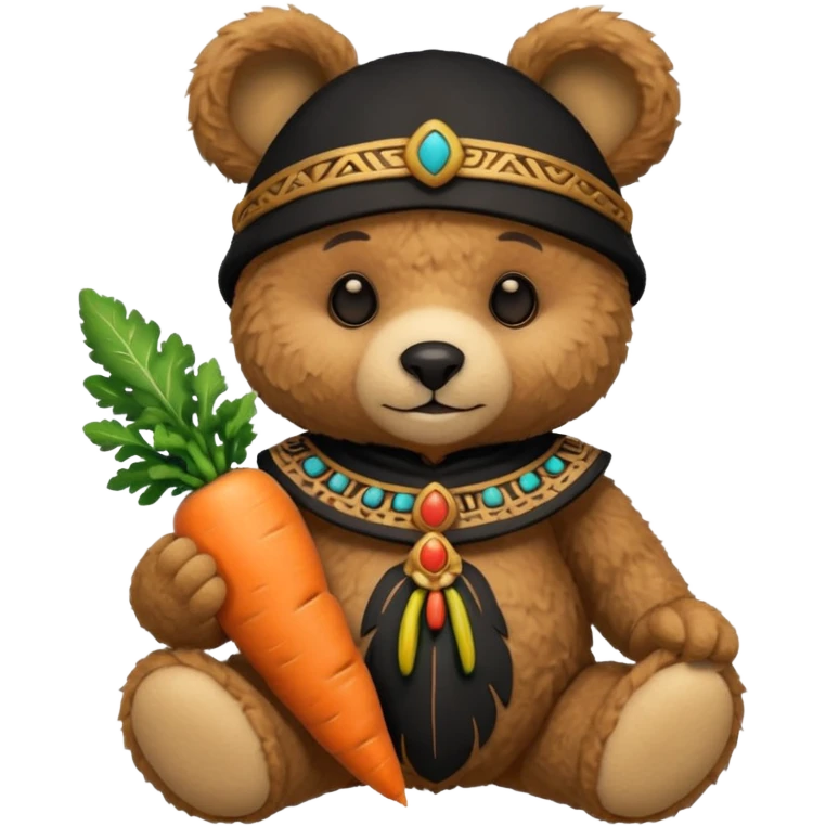 teddy bear Upper eat carrot , wearing black mayan ancient custome, half body emoji