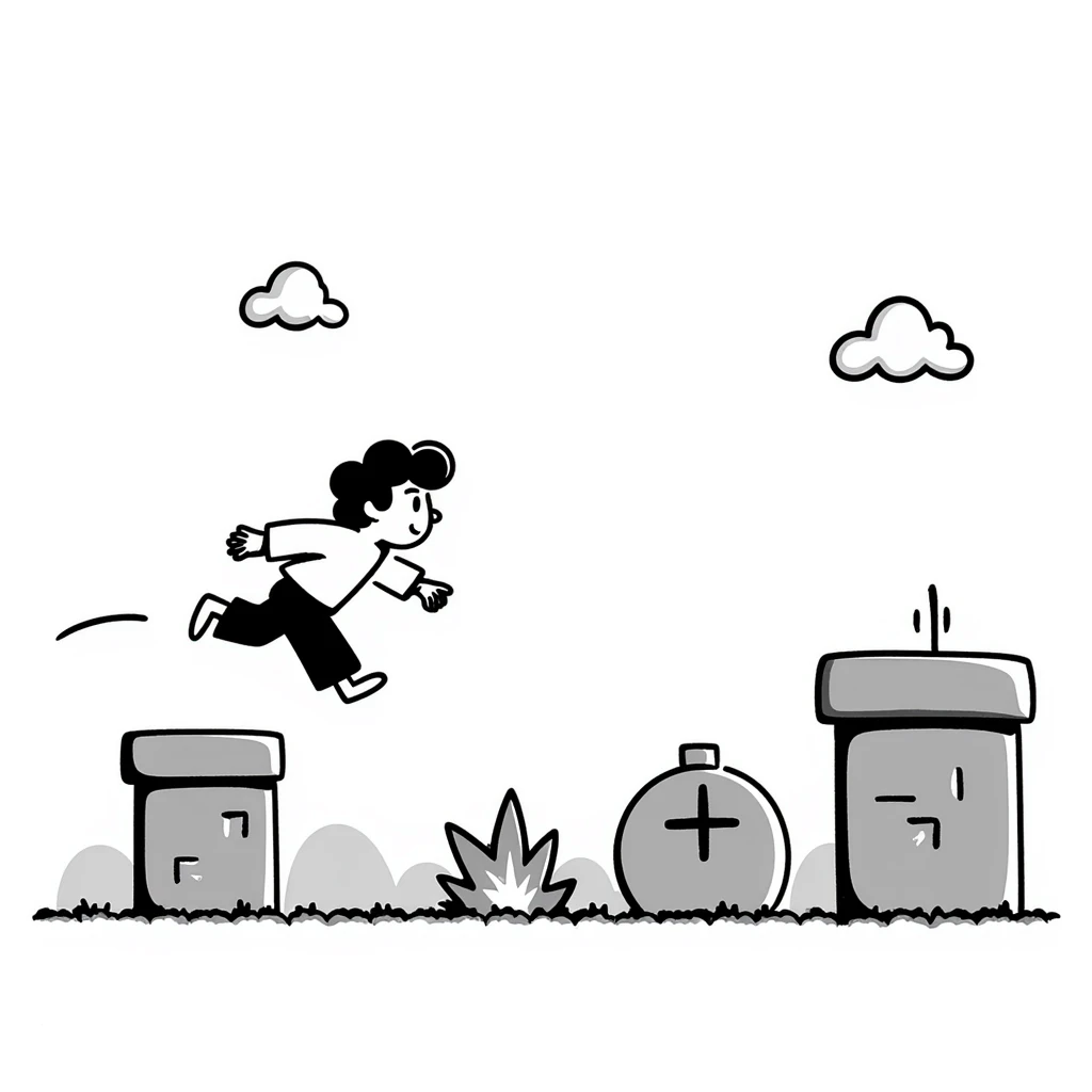 pixel art of a retro side-scrolling video game scene with blocks, platforms, clouds, and a character jumping, 8-bit Game Boy style, Mario world emoji