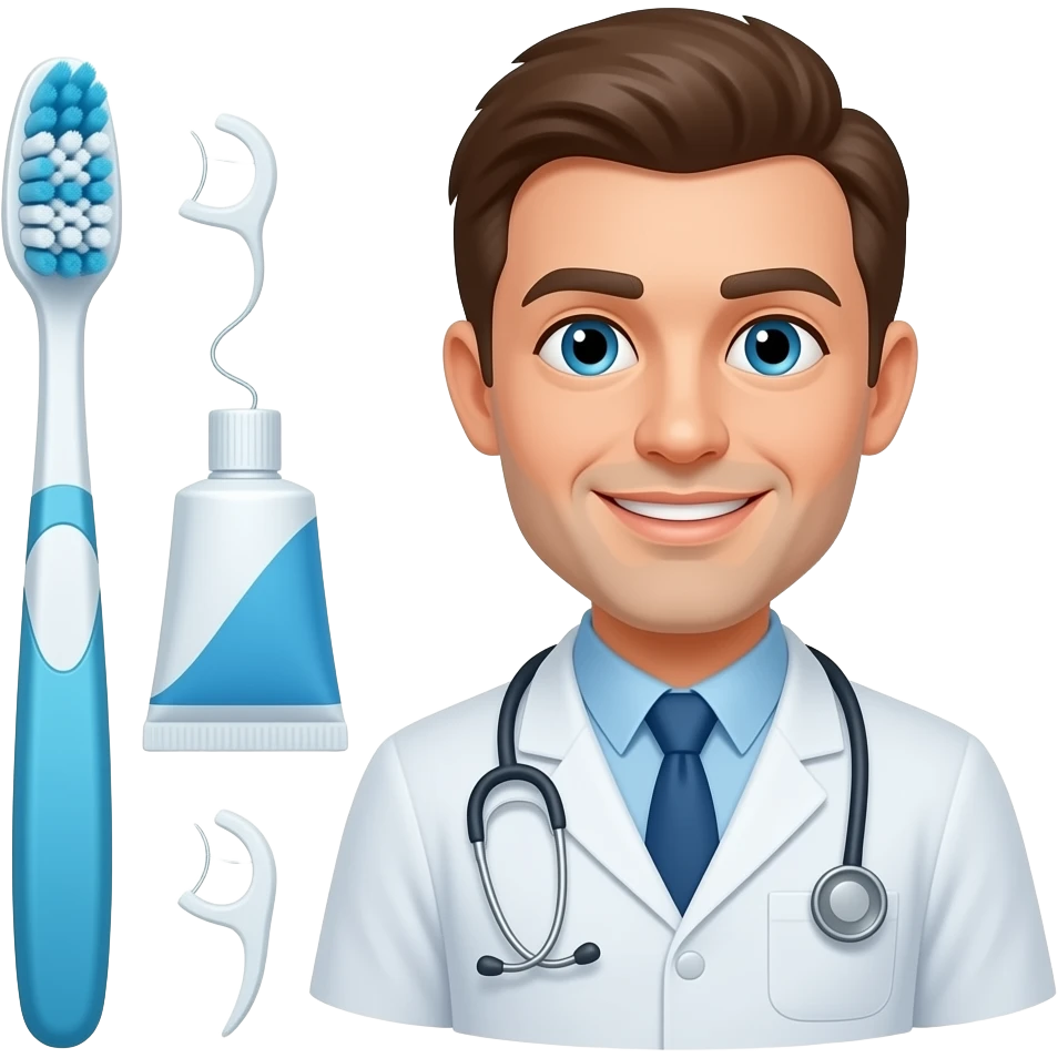 Toothbrush, toothpaste, dental floss, and dentist emoji