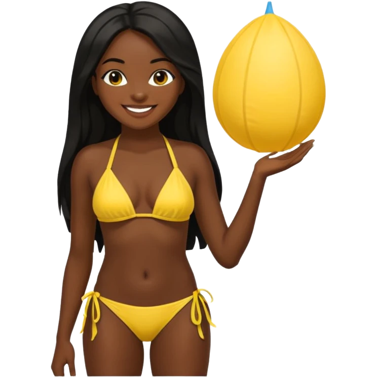 Dark black skin, african girl, long black hair, yellow bikini smiling, full body. emoji