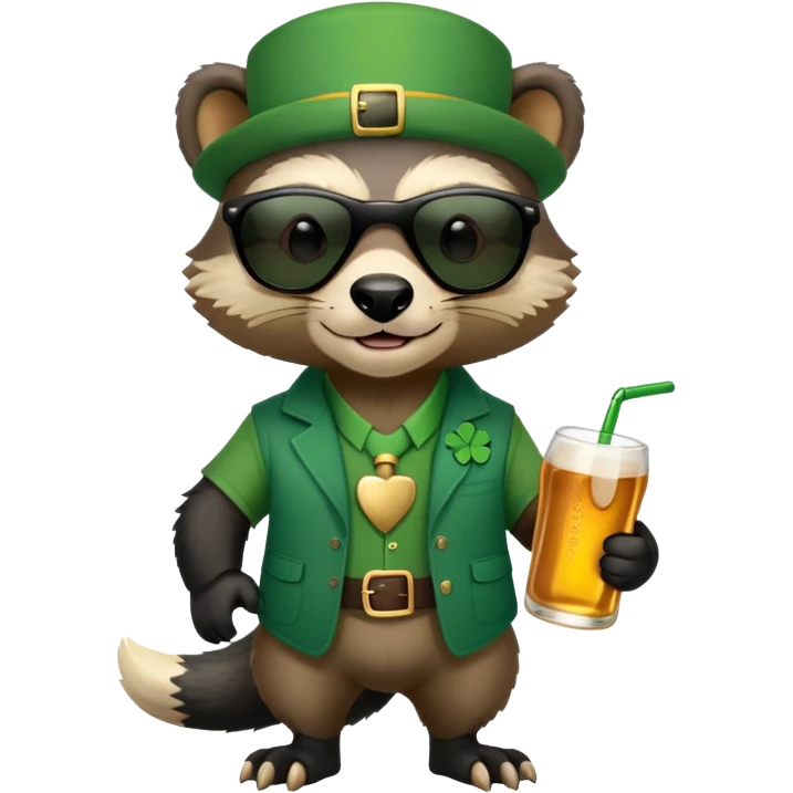 friendly anthropomorphised honey badger in a casual green-themed outfit with St. Patrick's Day accessories, wearing sunglasses emoji