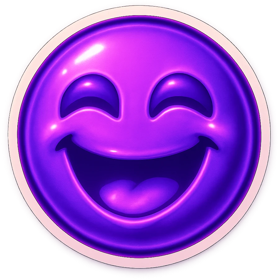 A funny face emote with a neon purple theme, expressing joy, compact and expressive emoji