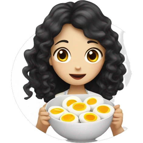 an asian girl with long black curly hair eating boiled eggs emoji