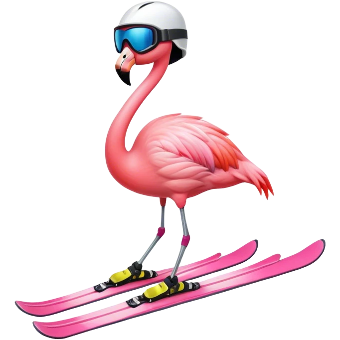 A Skiing Flamingo with ski helmet, ski goggles , ski and ski boots. One head and two legs emoji