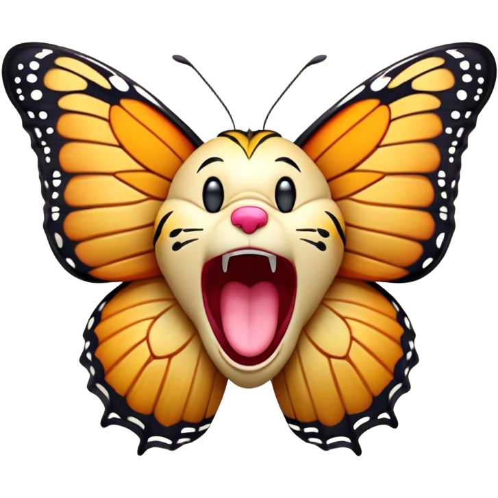 Cinematic Realistic Cute Yawning monarch Butterfly Portrait Emoji, Head tilted slightly with a dramatic, wide-open yawn, showcasing soft, downy ruby wings with gentle droop and half-closed, drowsy eyes rendered in exquisite natural detail, high shine, relaxed yet expressive, styled with a dash of delicate floral charm, soft glowing outline, capturing the essence of a sleepy yet affectionate red butterfly that appears ready to rest its vibrant wings in quiet slumber! emoji