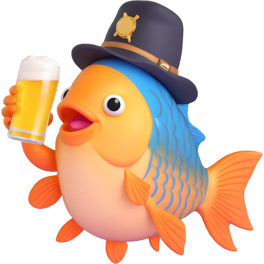 fish holding a beer and wearing a hat emoji