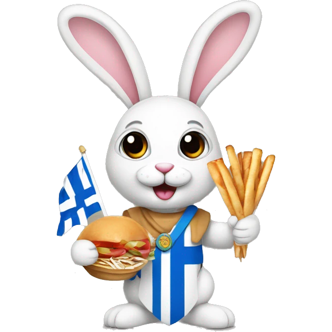 Easter bunny wearing a Greek flag holding a gyros emoji