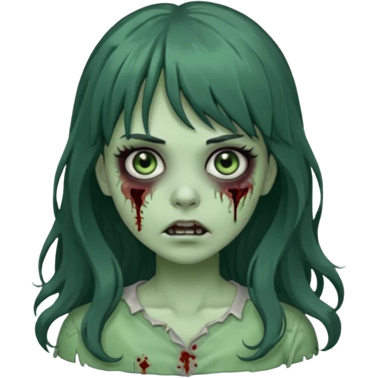 Zombie Green girl with long wavy black hair and bangs. emoji