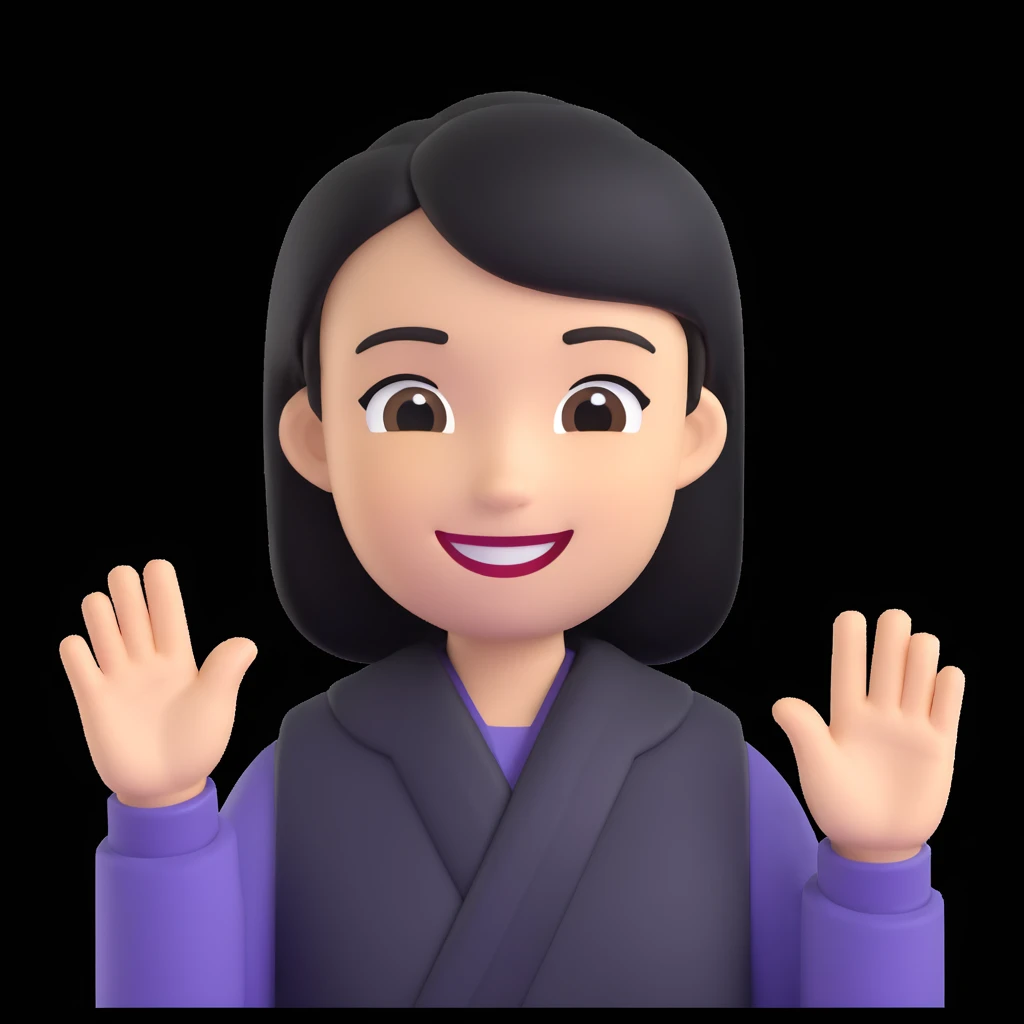 Mii-style avatar, smiling, waving, plain background emoji