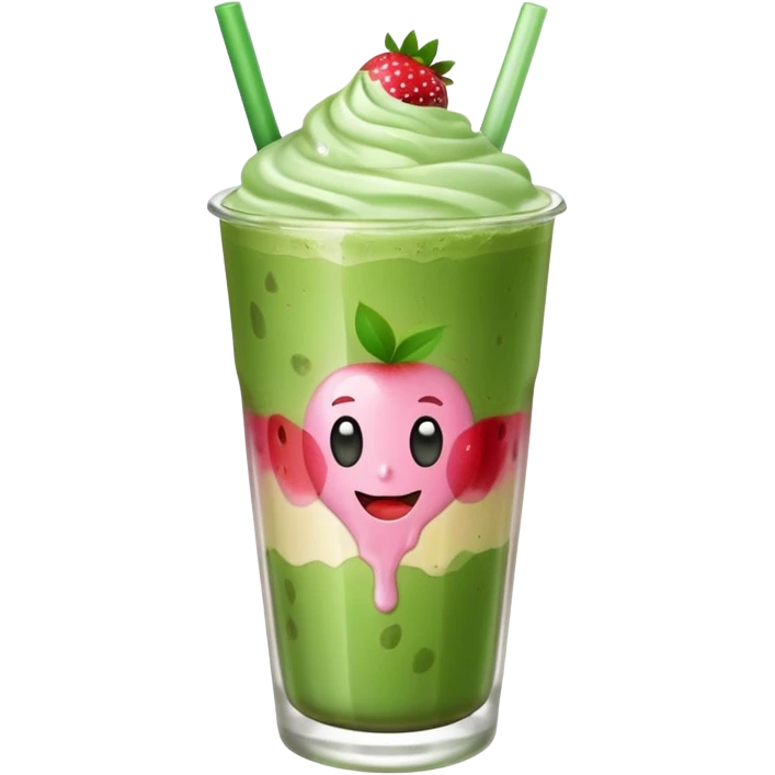 iced matcha latte in a glass with strawberry syrup at the bottom, apple emoji style emoji