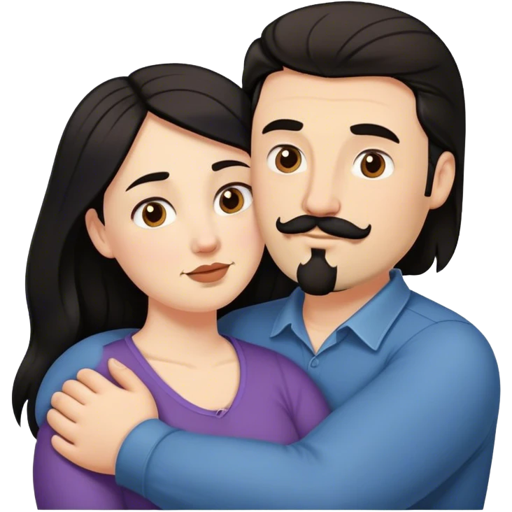 Tall strong white man with brown mustache goatee hugging a chubby short pale woman with long black hair emoji