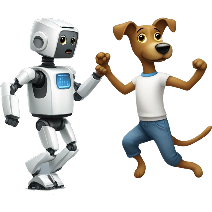 A dancing robot and a dog emoji