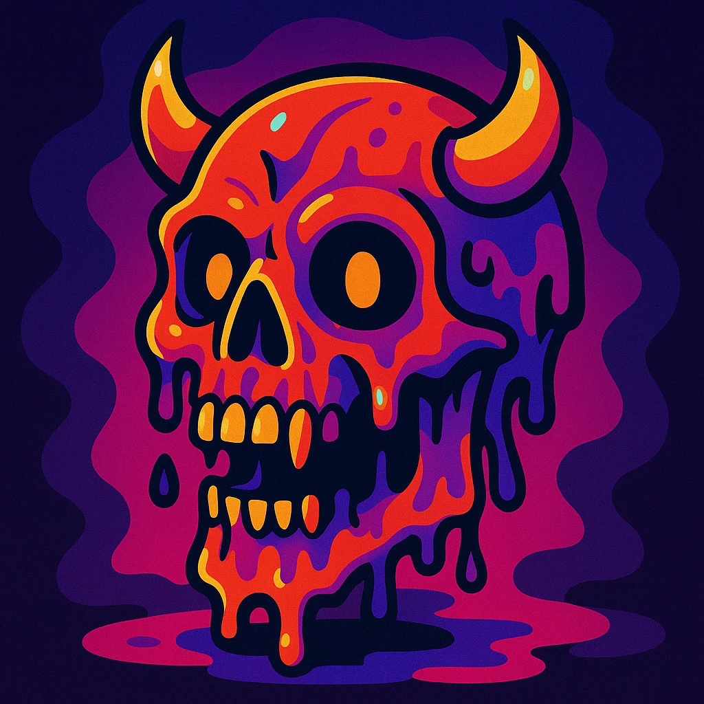 a stylized melting devil skull, vibrant and surreal emoji