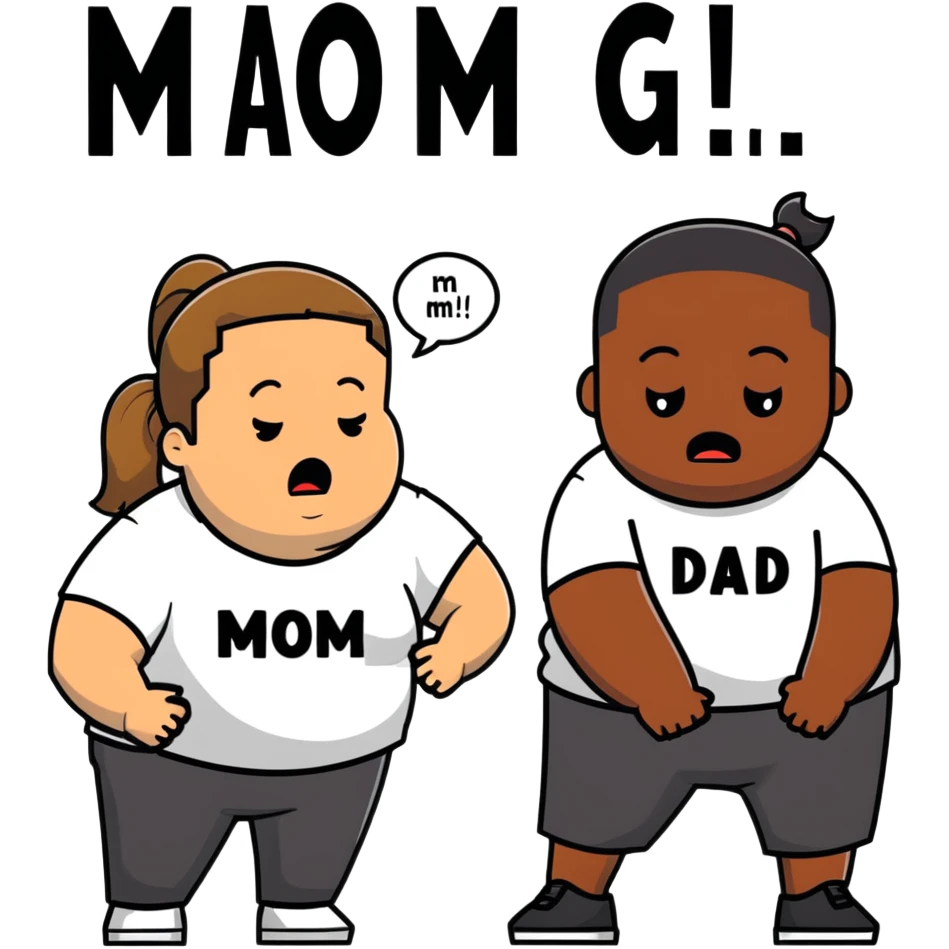 A fat short guy in a black hoodie with a ponytail is crying. Behind him are two black men, one wearing a white t-shirt with "MOM" text, the other wearing a white t-shirt with "DAD" text. emoji