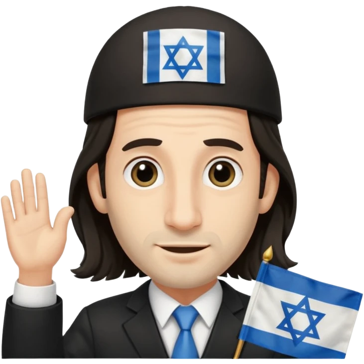 jewish jew man's face, wearing a tiny black kippah and 2 thin long hair strands near the ears, big nose, only face, no body, no mustache, holding israel flag emoji