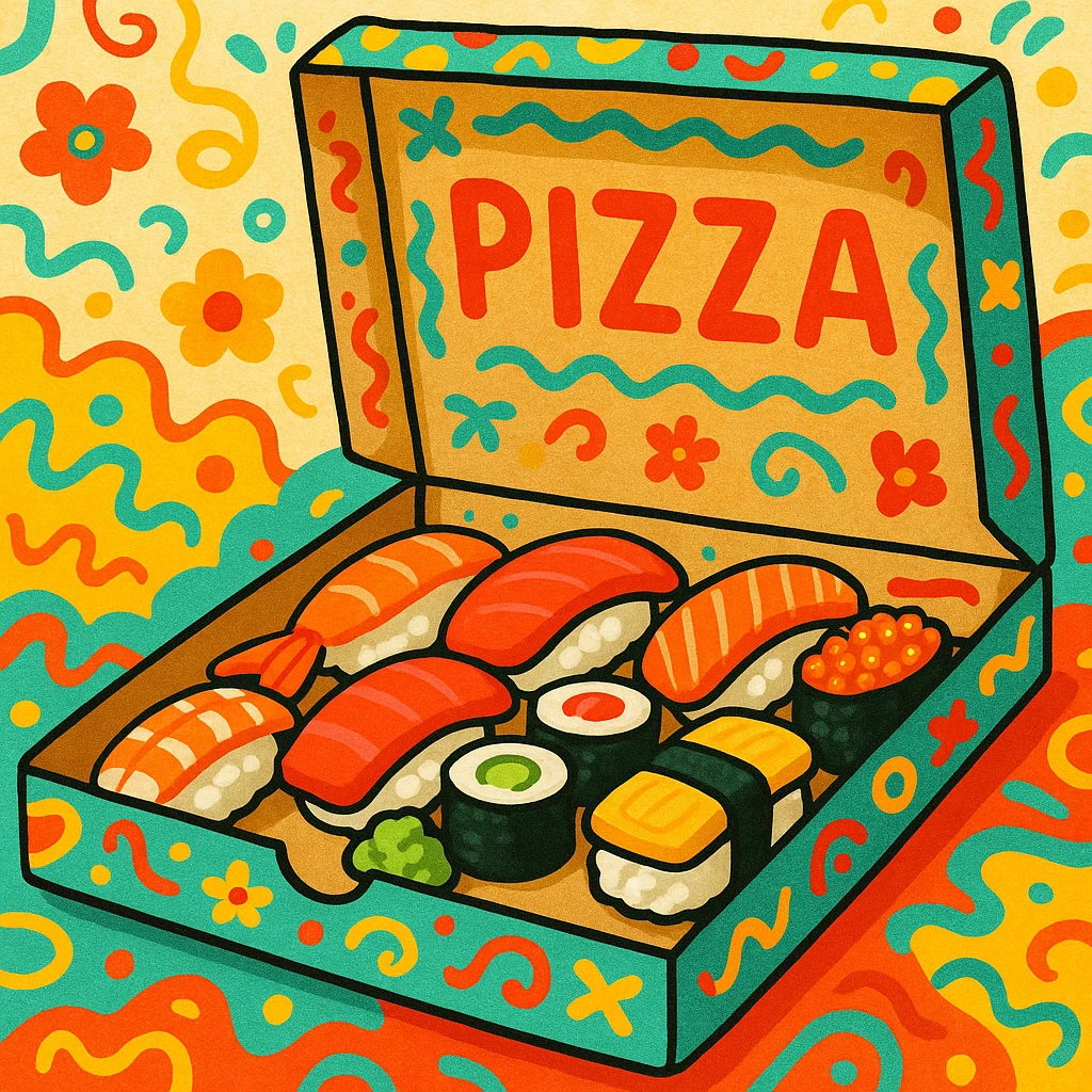 whimsical and colorful pizza box with sushi inside emoji
