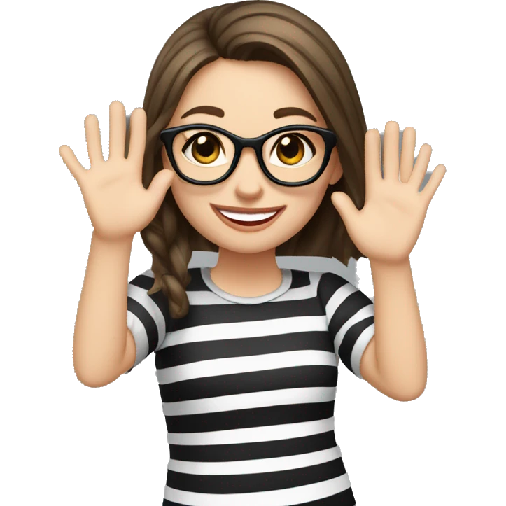 caucasian, brunette girl in black and white striped shirt and glasses, waving and smiling emoji