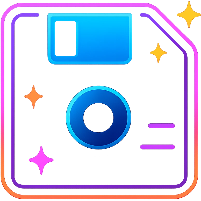 save icon with dark purple, blue, and black base, bright accents, complex gradients, stars, bright neon border, modern recognizable abstract save symbol, glow and lighting effects, sophisticated futuristic icon style emoji