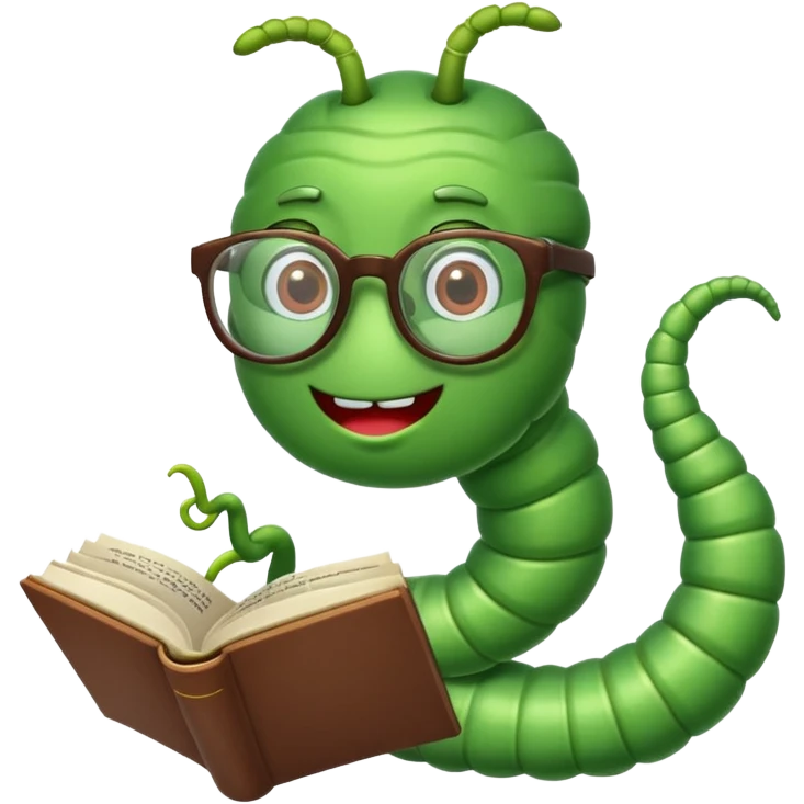 green Worm with glasses reading book emoji