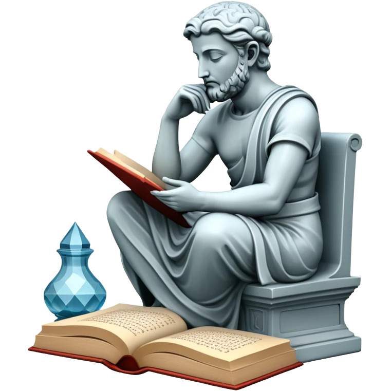 An icon featuring a thinker statue, a scroll, symbolizing philosophy. The design includes books and abstract symbols representing deep thought and wisdom. Transparent background highlights the study of ideas, logic, and existential questions emoji