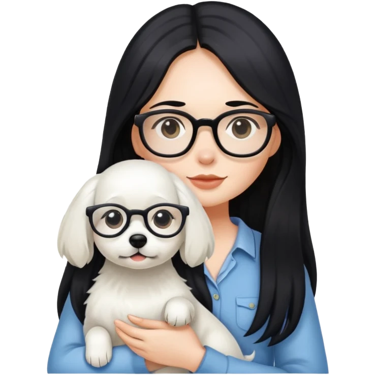 A girl with long black hair and glasses holding a white dog emoji