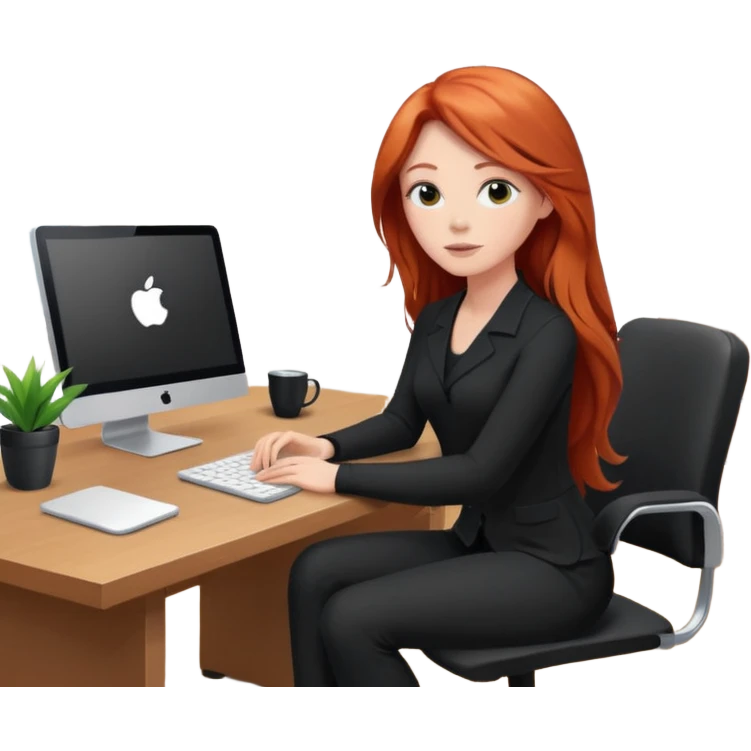 Video call therapy session: red-haired therapist with long hair wearing black minimalist clothing, seated in a professional home office, looking at the webcam; calm, modern teletherapy setting emoji