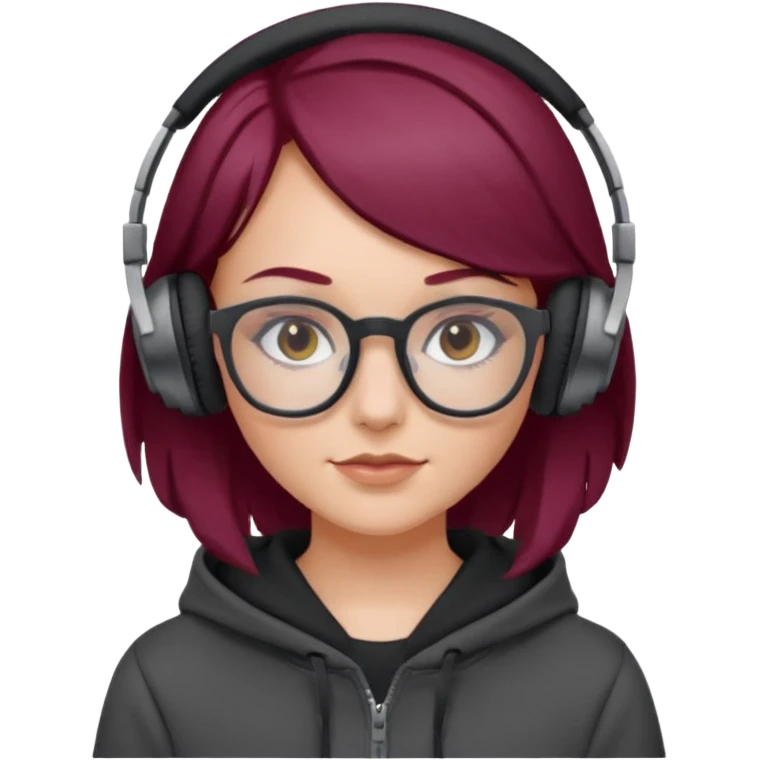 white girl with burgundy hair, gray square glasses, black deportive hoodie and black headphones emoji