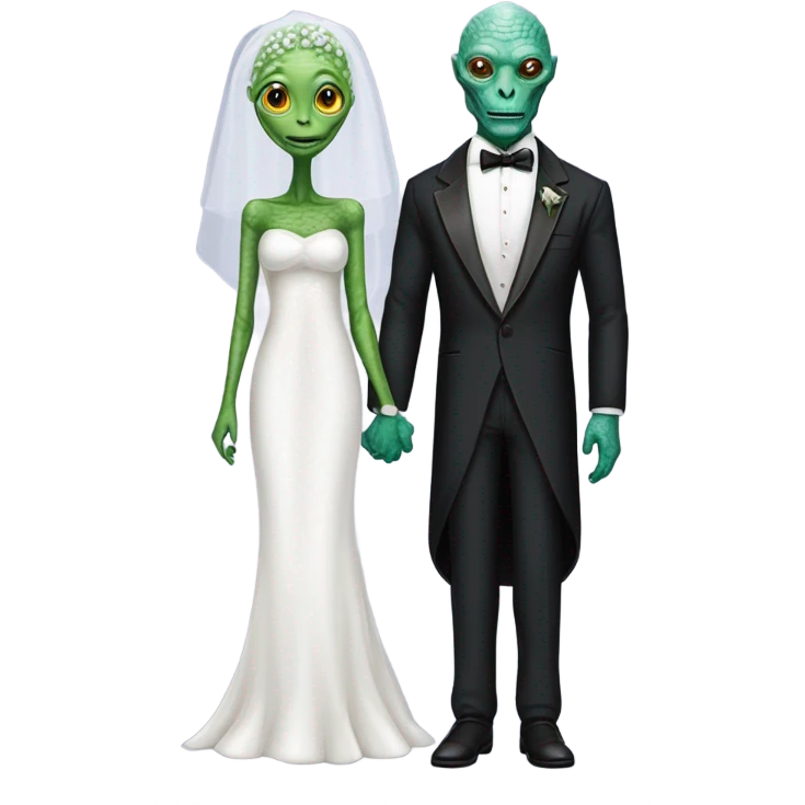 Alien reprilian woman in wedding dress, and one humman man in a tuxedo holding, hands getting married emoji