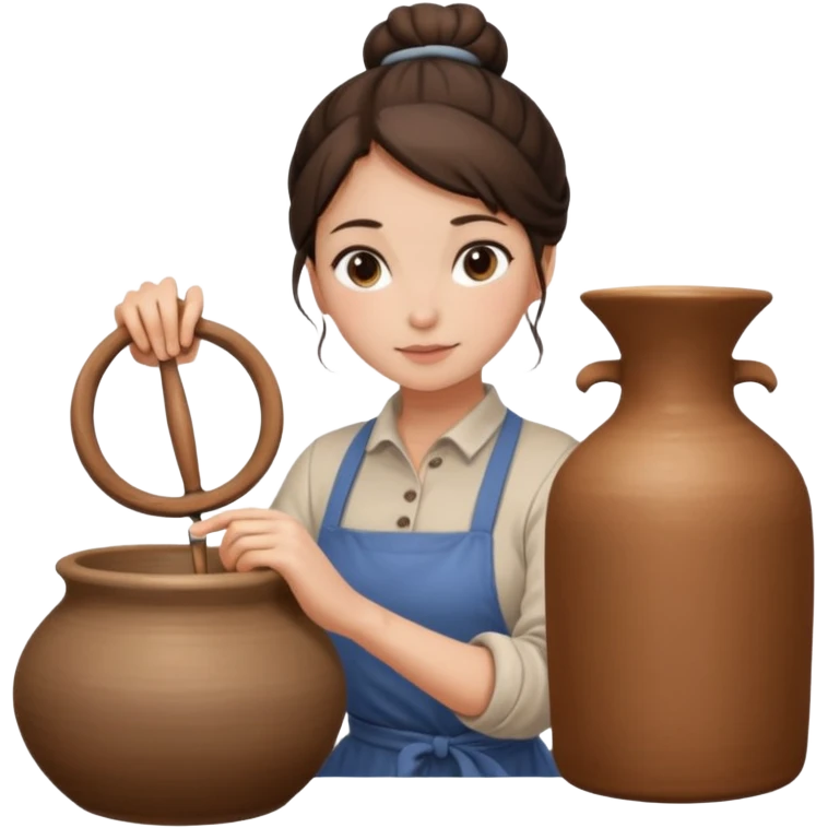 Brunette girl with a bun, behind the potter's wheel, wearing neutral clothing emoji