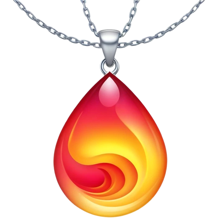 ruby pendant with a fiery red-yellow gradient glow, silver chain undulating like water, cosmic aura backdrop emoji