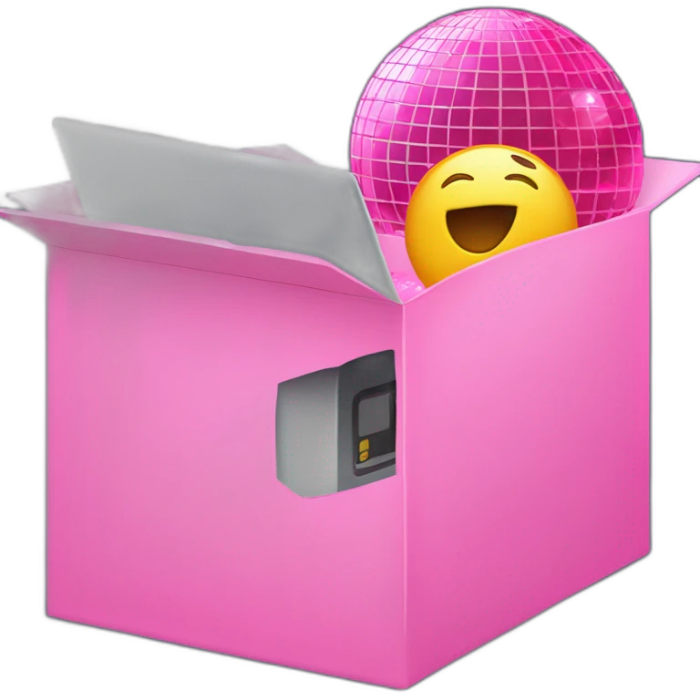 Inside a pink box, the letter "u" is in the middle, and disco ball, laptop emojis peeking out from around the box. emoji