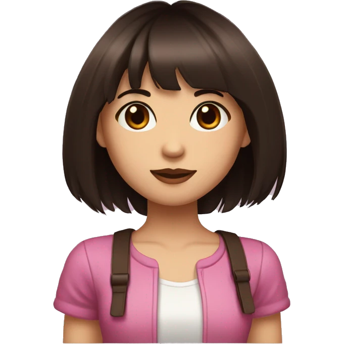girl with dark brown choppy shoulder-length hair and straight, blunt bangs with dark pink streaks, brown eyes and fair skin with a few moles emoji