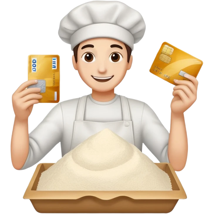 Happy emoji with credit card in hand and a pile of flour  emoji