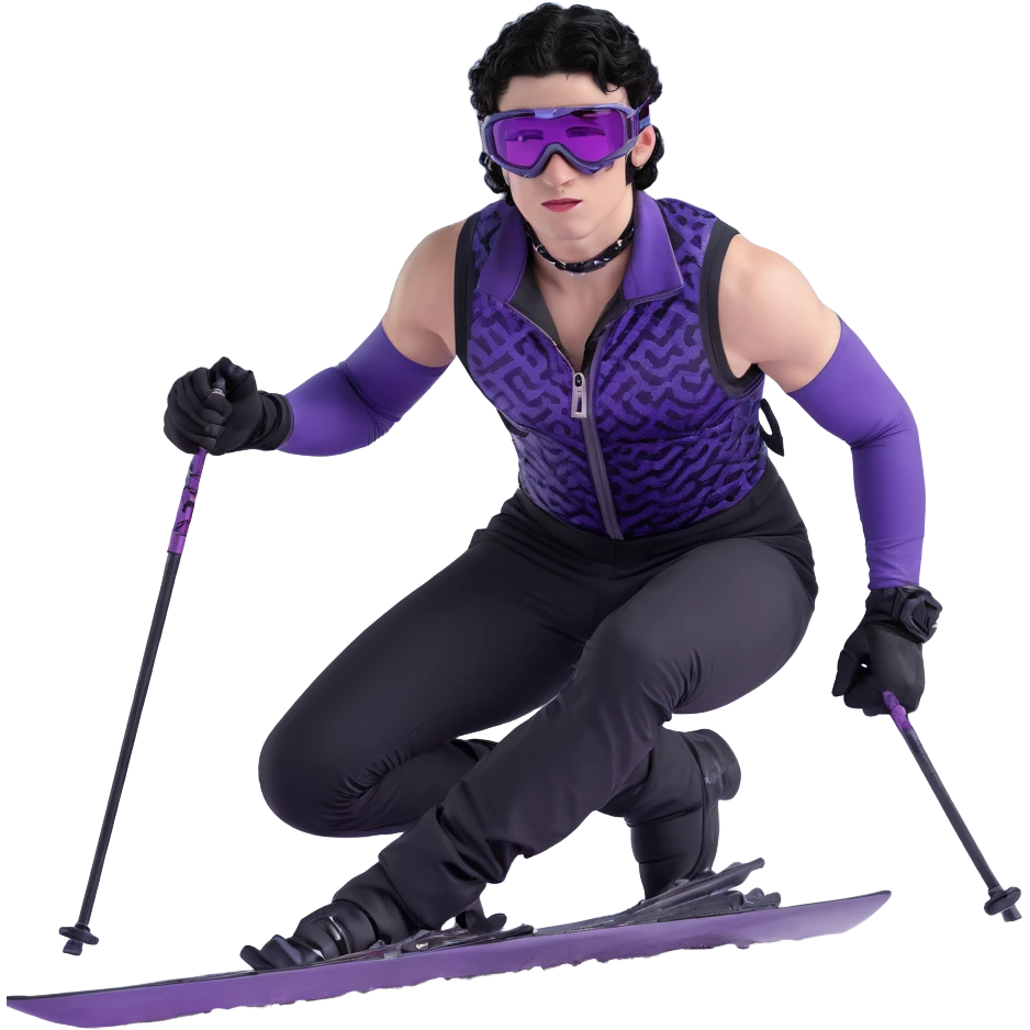 male athlete with white skin and moderately curly black hair on top with shaved sides, wearing ski goggles with purple frames and very dark black lenses, a simple plain black chain necklace, and a completely unzipped sleeveless vest with purple and black sequin fire pattern design, fully revealing his chest, shoulders and arms, no earrings emoji